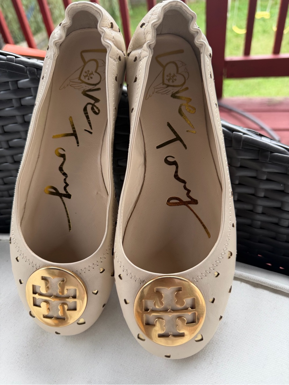 Tory Burch Cream Leather Logo Ballet Flats with Gold Medallions